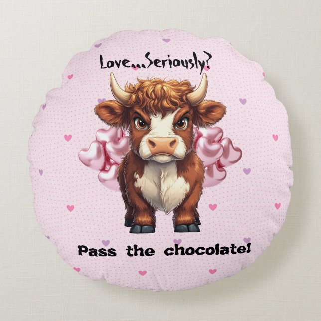 Grumpy Highland Cow Valentine Day Rund Kudde (Framsidan)