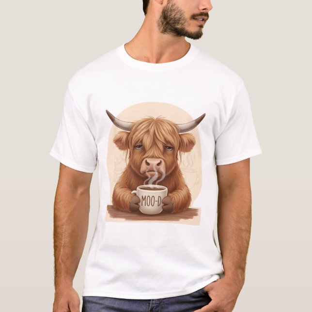 Grumpy Highland Ko - Kaffeälskare - Söt Fluffig Ko T Shirt (Framsida)