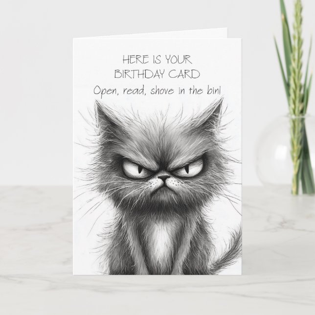 Grumpy Humor Cat in Simple Black and White Sketch Kort (Framsida)
