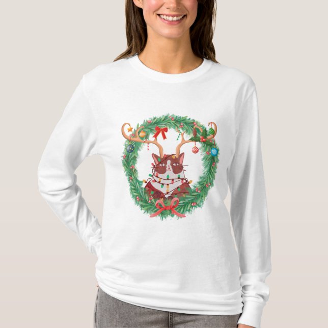 Grumpy jul Kat Reindeer Wandeer Långsåld T Shirt (Framsida)
