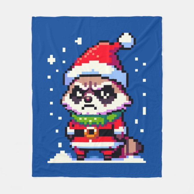 Grumpy jul Raccoon - Funny Pixel Art Helgdag Fleecefilt (Framsidan)