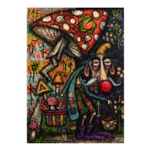 Grumpy Mushroom Hunter With Basket and Colorful