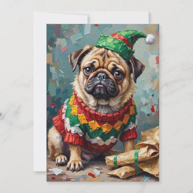 Grumpy Pug Dog in Elf Hat Funny Christmas Art Julkort (Framsida)