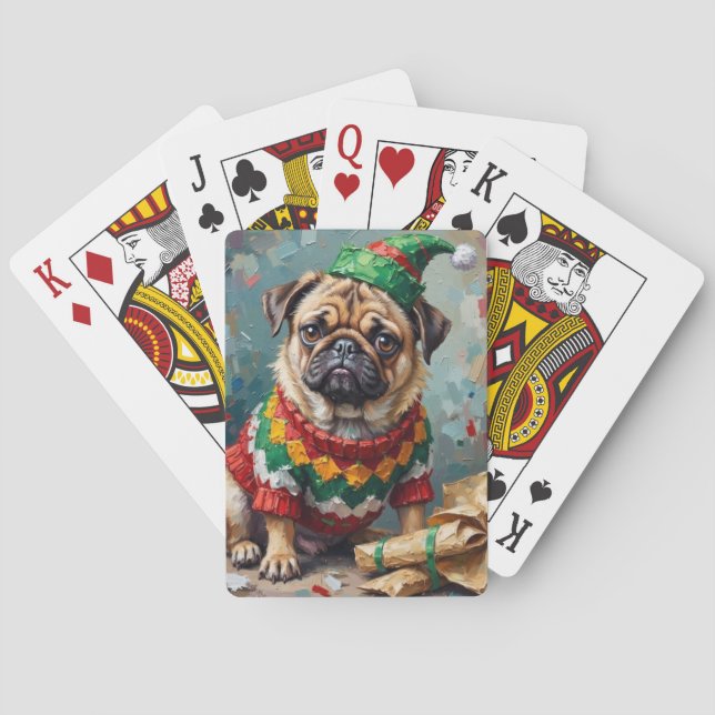 Grumpy Pug Hund i Alvhuvudbonad Rolig Julkonst Casinokort (Baksidan)