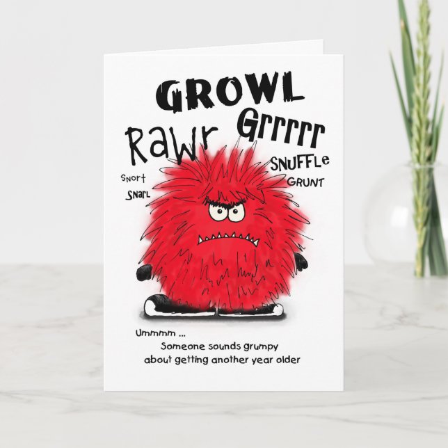 Grumpy Red Fuzzy Monster Birthday Card Kort (Framsida)