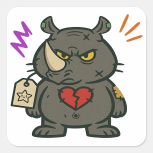 Grumpy Rhino - Broken Heart Sticker Fyrkantigt Klistermärke