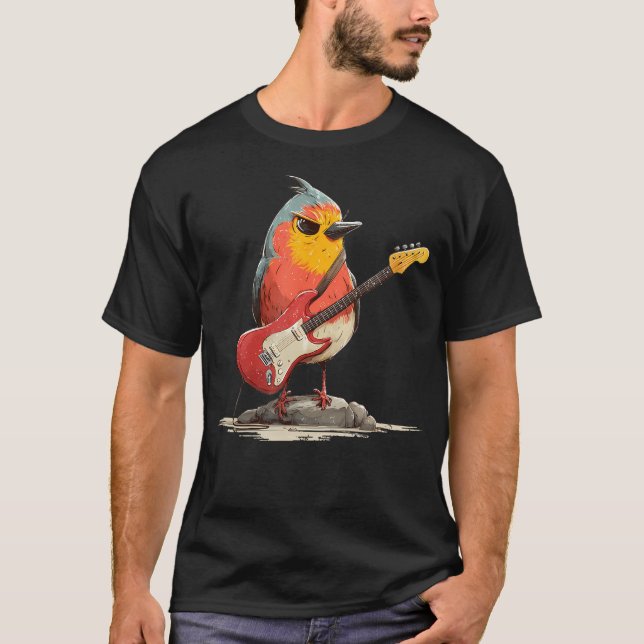 Grumpy Robin Fågel Med Elektrisk Gitarr För Fjäder T Shirt (Framsida)