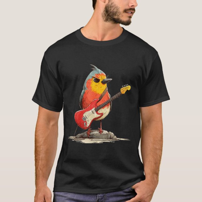 Grumpy Robin Fågel med Elgitarr för Fjäder T Shirt (Framsida)