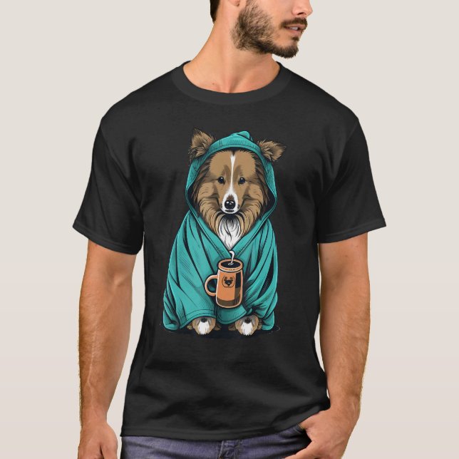 Grumpy Sheltie Coffee  Dog on Coffee Shetland Shee T Shirt (Framsida)
