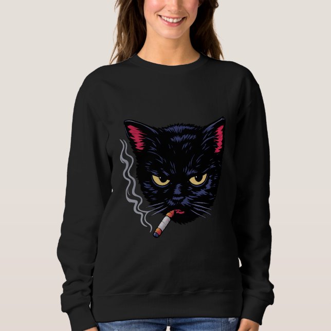 Grumpy Smoking Black Cat Y2K Attitude Retro Design T Shirt (Framsida)