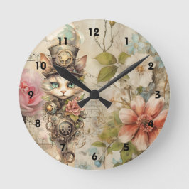 Grumpy Steampunk Cat Collage Vintage Papprare Ro Rund Klocka