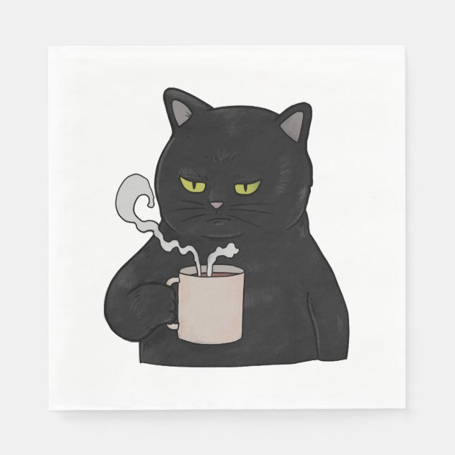 Grumpy svart katt med kaffe morgontrött pappersservett (Framsidan)