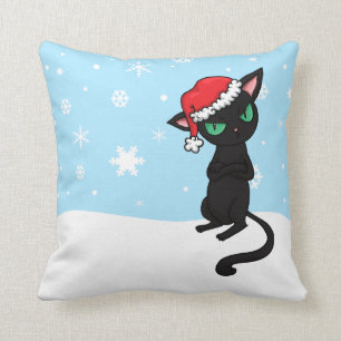 Grumpy svart katt som ha på sig den Santa hatten Kudde
