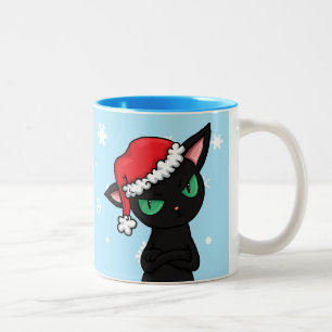 Grumpy svart katt som ha på sig den Santa hatten Två-Tonad Mugg