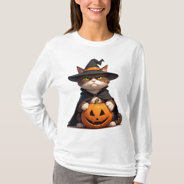 Grumpy svart katt som håller pumpa för Halloween � T Shirt (Framsida)