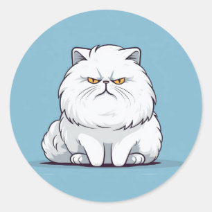 Grumpy Tjock White Cat på en blå bakgrund Runt Klistermärke