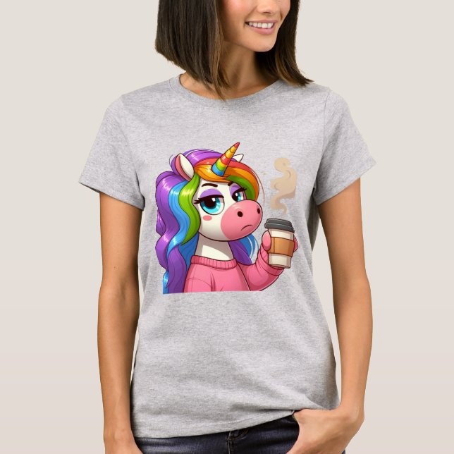 Grumpy Unicorn Needs Coffee Cartoon T Shirt (Framsida)
