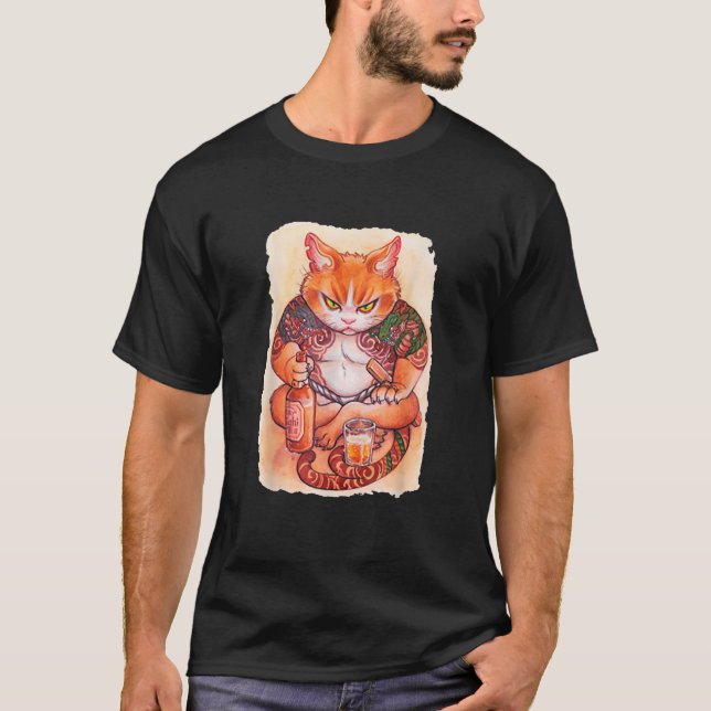 Grumpy Yakuza Cat tattoo Style Japan Gift Raglan B T Shirt (Framsida)