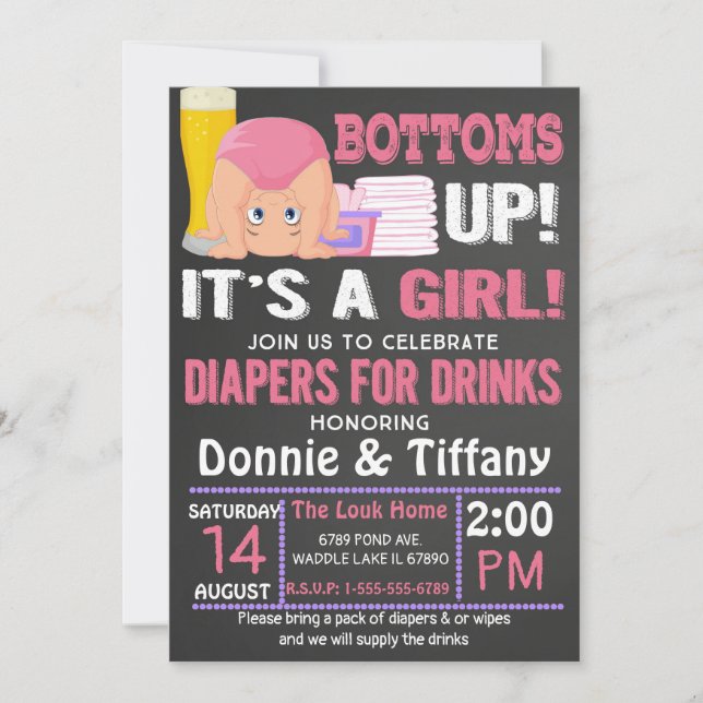 Grund Up Diaper for Drinks Det är en flicka Inbjudningar (Framsida)
