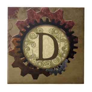 Grunda Steampunk Gears Monogram Brev D Kakelplatta
