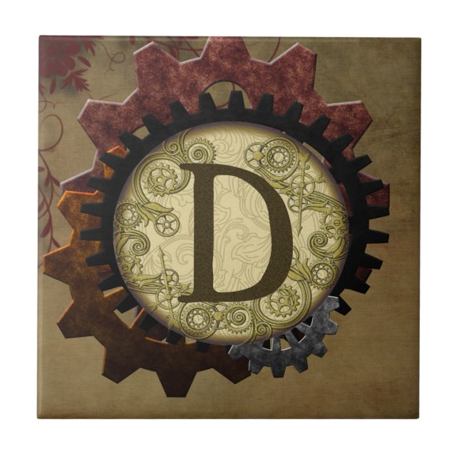 Grunda Steampunk Gears Monogram Brev D Kakelplatta (Framsidan)