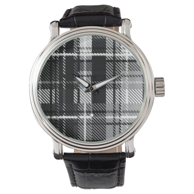 Grunde Black White Flell Play Tartan Design Armbandsur (Framsida)