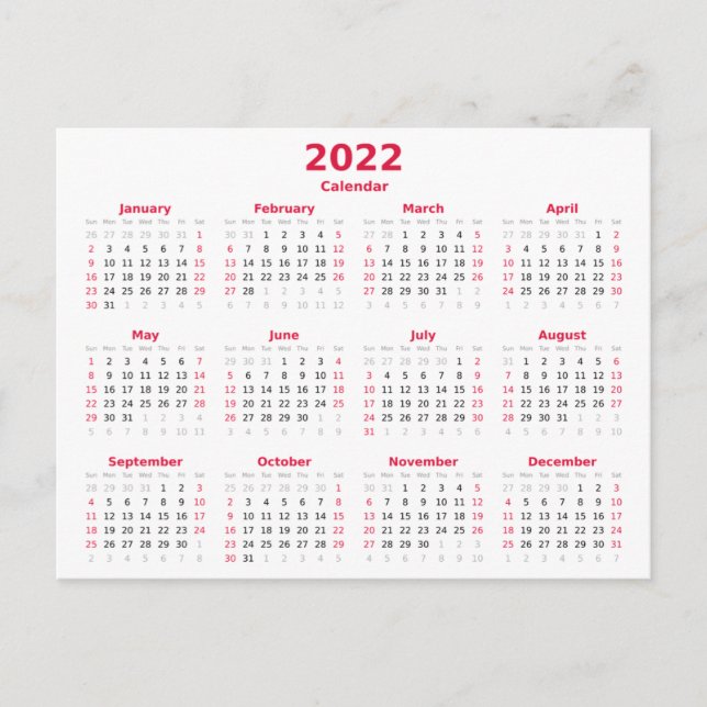 Grundläggande 2022-månadskalender vykort (Framsida)