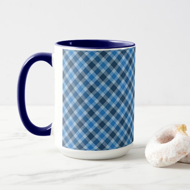Grundläggande Blå/Barnblå Gingham Diagonal Rutig Mugg (Med munk)