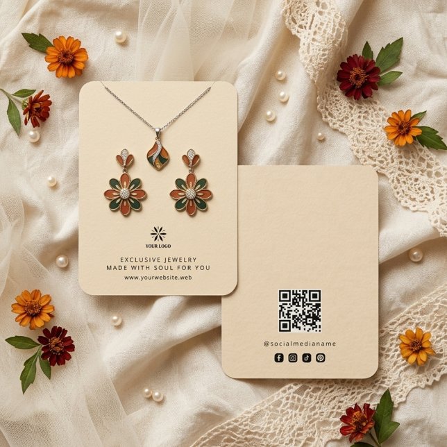 Grundläggande Champagne Guld Smycken Display Logo  Visitkort (Basic Minimalist Champagne Gold Jewelry Display Card Template, featuring Business Logo, Custom QR.)