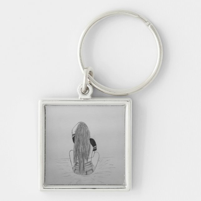 Grundläggande Chick Fyrkantig Silverfärgad Nyckelring (Framsidan)