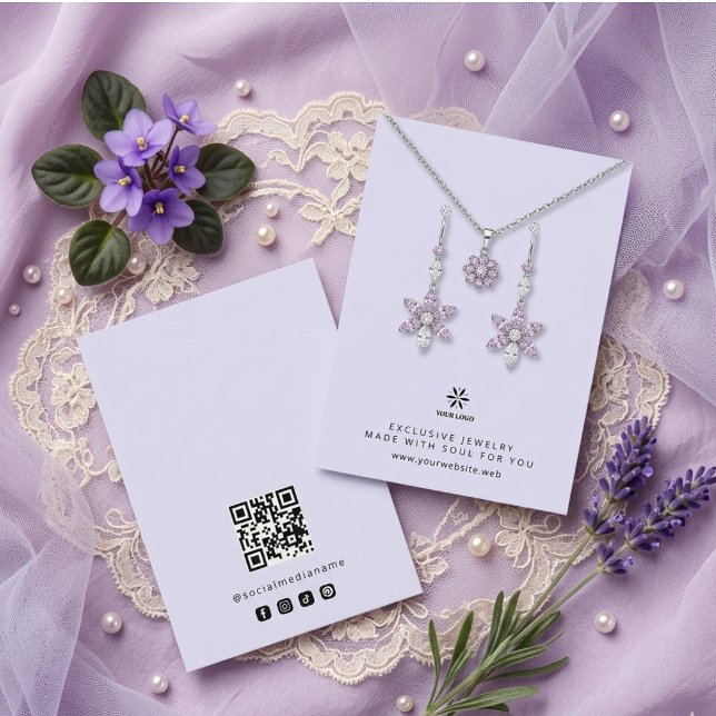 Grundläggande Digital Lavendel Smycken Display Log Visitkort (Basic Minimalist Digital Lavender Jewelry Display Card Template, featuring Business Logo, Custom QR.)