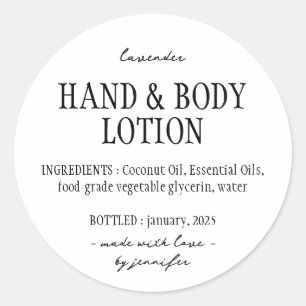 Grundläggande flaskhandkropp lotion ingredienser runt klistermärke