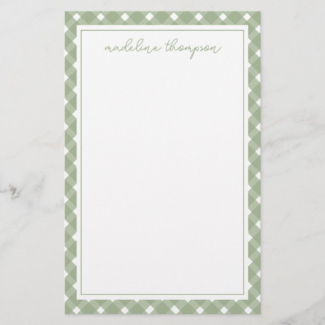 Grundläggande Gingham Sagegrön Kant Brevpapper (Framsida)