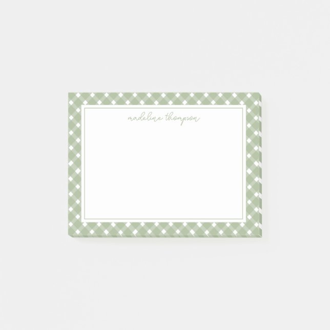 Grundläggande Gingham Sagegrön Kant Post-it Block (Framsida)