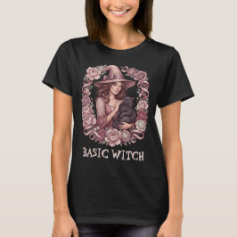 Grundläggande Häxa Rosa Blommig Häxa & Svart Katt T Shirt