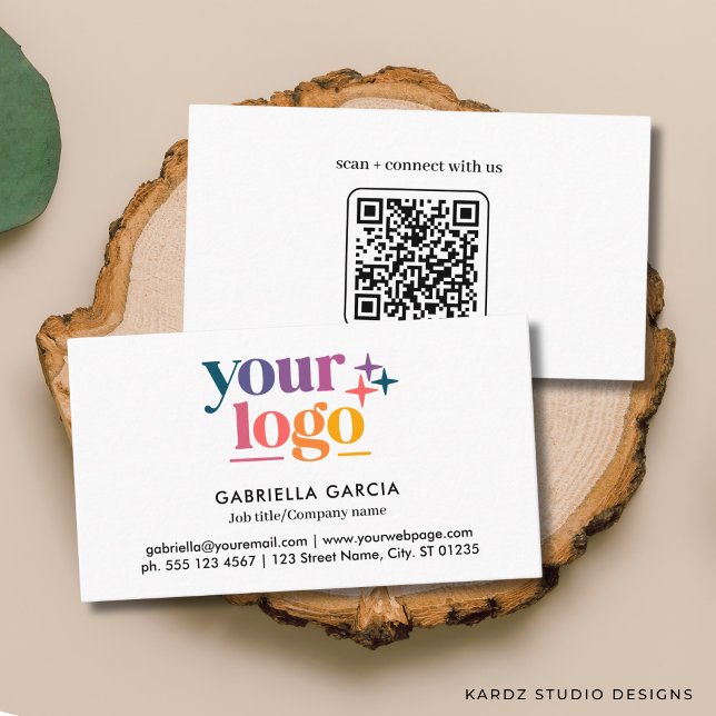 Grundläggande Logo QR-kod Vit Visitenkort Visitkort (Add your logo, name and title, contact info and enter URL to create QR Code on the back.)