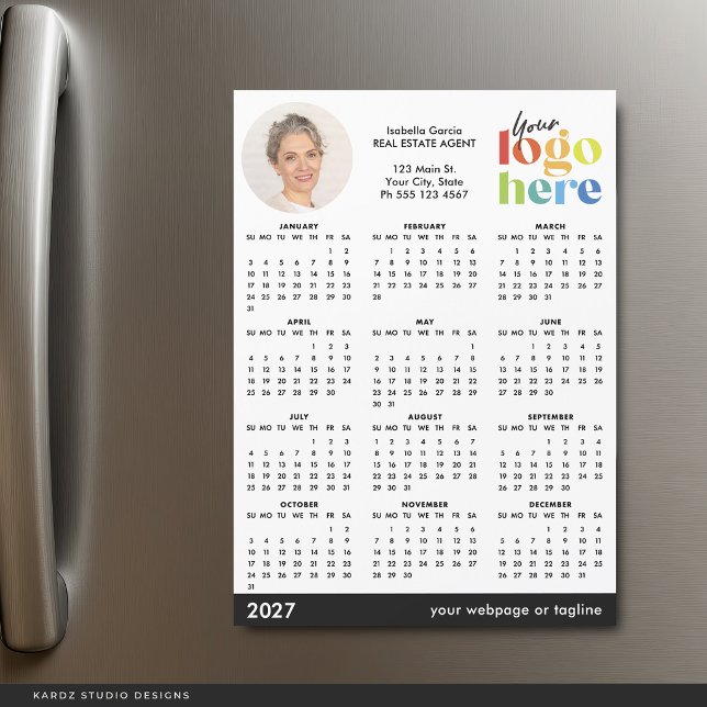 Grundläggande Modern Foto Logotyp 2027 Magnetisk K (Add your own photo, Name, Contact Information and business logo to this calendar card)