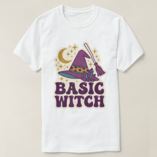 Grundläggande Retro Hatt Kvast Kristall Halloween T Shirt