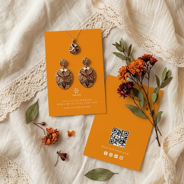 Grundläggande Smyckesdisplay för Aprikoskräm Logo  Visitkort (Basic Minimalist Apricot Crush Jewelry Display Card Template, featuring Business Logo, Custom QR.)