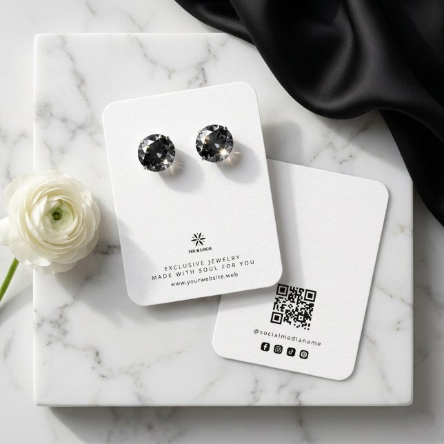 Grundläggande vit smyckesdisplaymall Logotyp TMF26 Visitkort (Basic Minimalist White Jewelry Display Card Template, featuring Business Logo, Custom QR Code.)