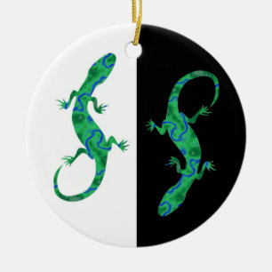 Grüner Gecko ArtDeco svartvit design Julgransprydnad Keramik