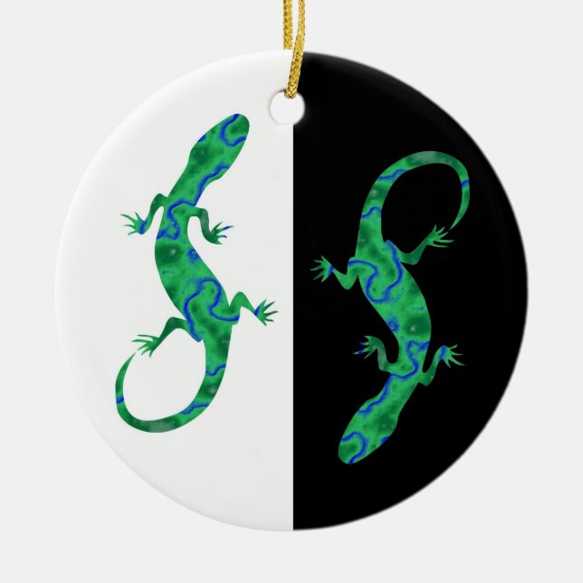 Grüner Gecko ArtDeco svartvit design Julgransprydnad Keramik (Framsidan)