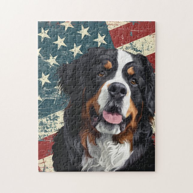 Grunge American Flag Bernese Mountain Dog Pussel (Vertikal)