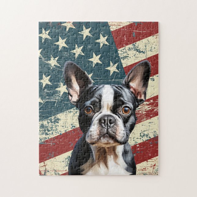 Grunge American Flag Boston Terrier Dog Pussel (Vertikal)