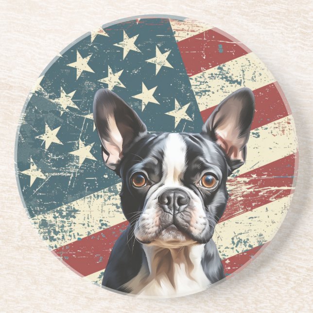 Grunge American Flag Boston Terrier Dog Underlägg (Framsidan)