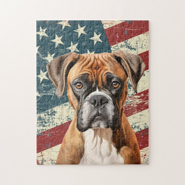 Grunge American Flag Boxer Dog Pussel (Vertikal)