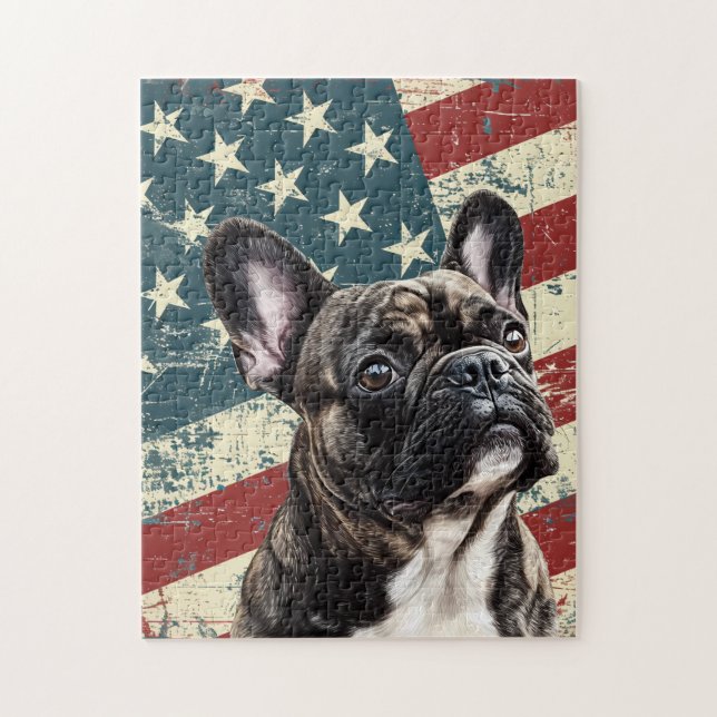 Grunge American Flag French Bulldog Pussel (Vertikal)