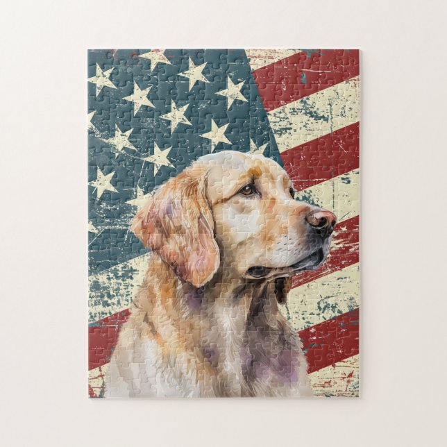 Grunge American Flag Golden Retriever Dog Pussel (Vertikal)