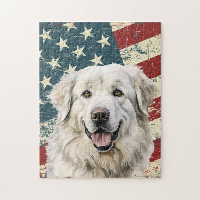 Grunge American Flag Great Pyrenees Dog Pussel (Vertikal)