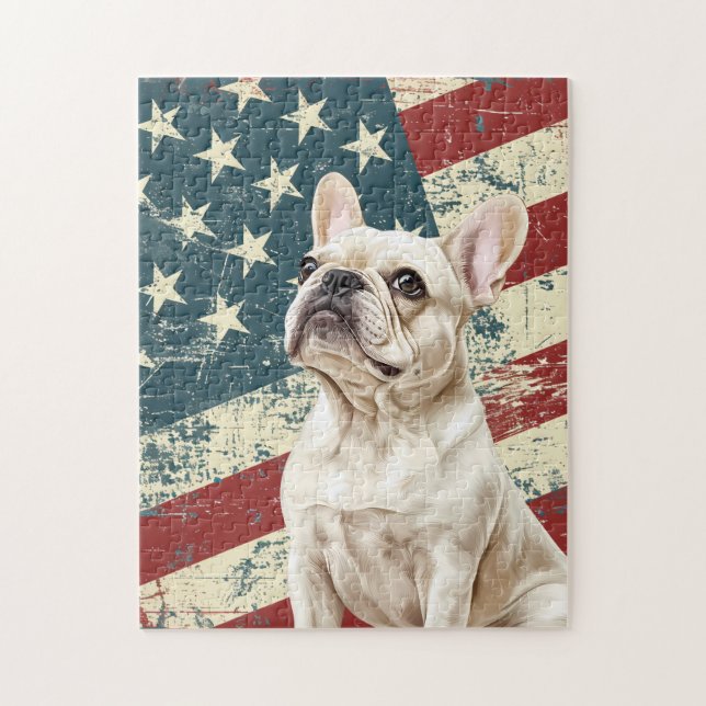 Grunge American Flag White French Bulldog Pussel (Vertikal)